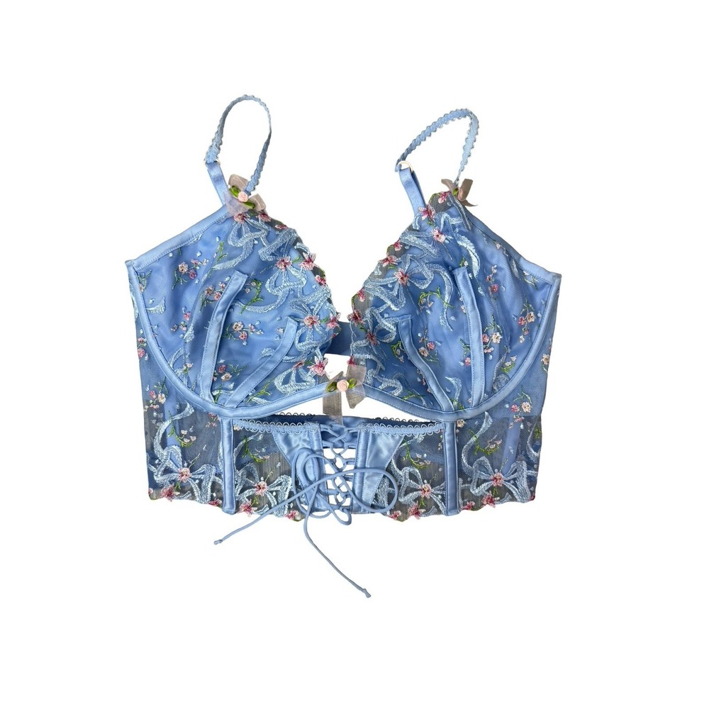 For Love & Lemons 36D Blue Floral Embroidered Longline Bra Coquette Corset